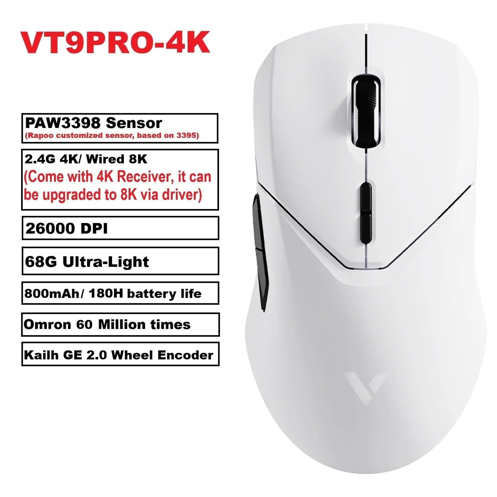 VT9PRO PAW3398 Wireless Gaming Mouse 68G Wired Programmable Ergonomic Mice 26000DPI Type C Rechargeable Pc Gamer Accessory