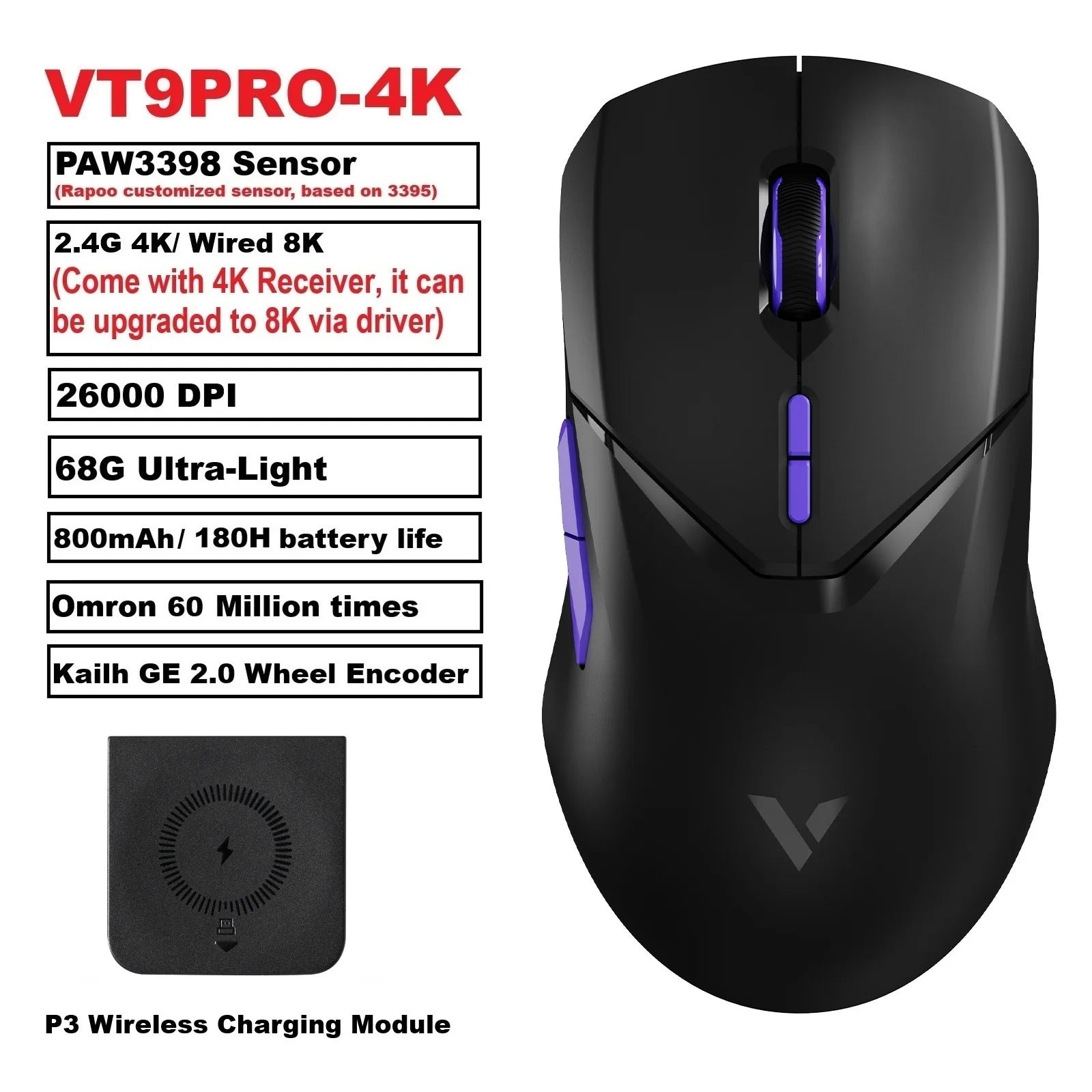 VT9PRO PAW3398 Wireless Gaming Mouse 68G Wired Programmable Ergonomic Mice 26000DPI Type C Rechargeable Pc Gamer Accessory