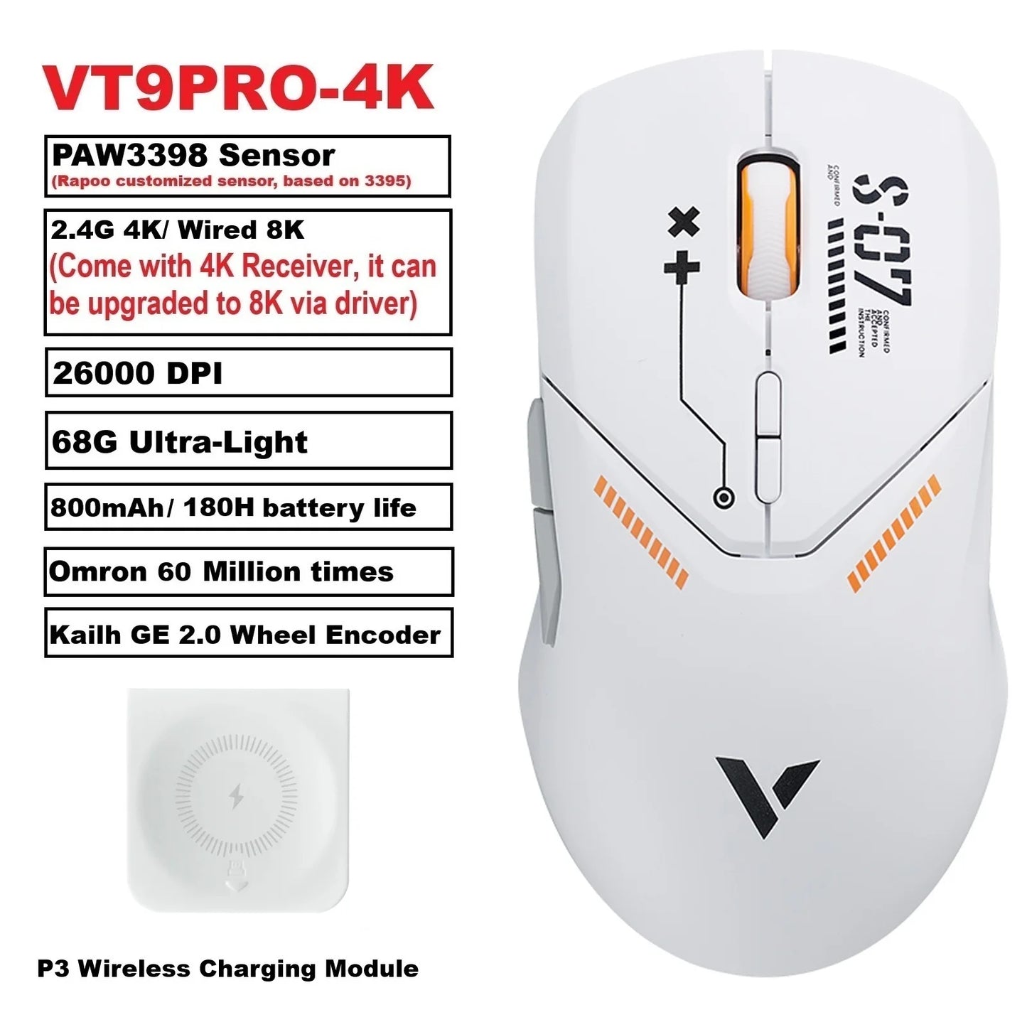 VT9PRO PAW3398 Wireless Gaming Mouse 68G Wired Programmable Ergonomic Mice 26000DPI Type C Rechargeable Pc Gamer Accessory
