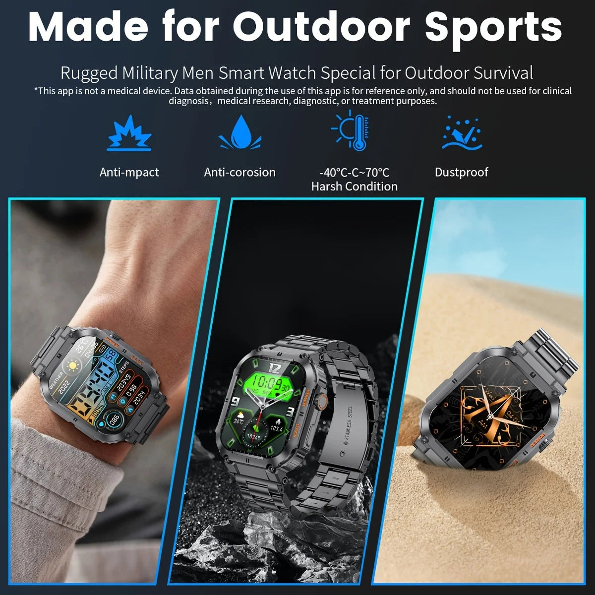 Outdoor Sports Fitness Smartwatch for Men 1.96 Inch Screen Bluetooth Calling Waterproof Watches Blood Oxygen Reloj Hombre