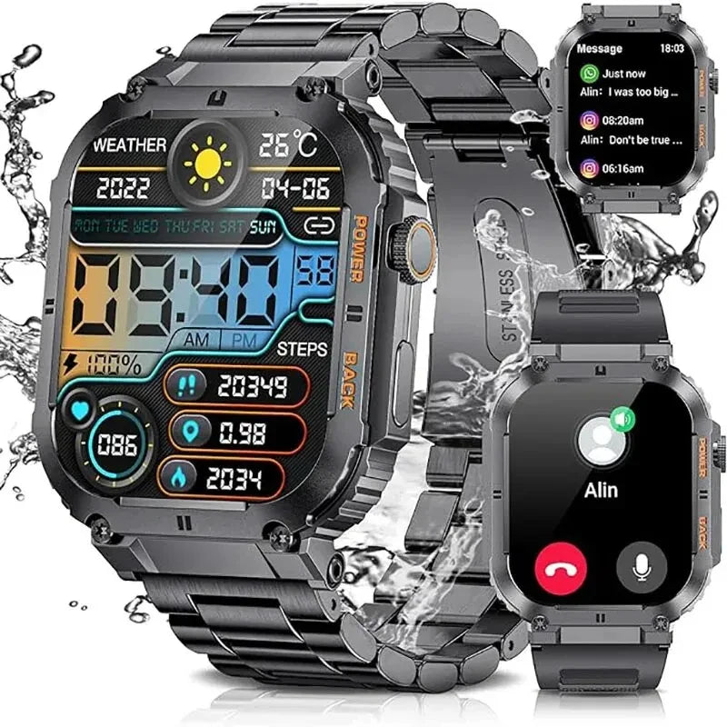 Outdoor Sports Fitness Smartwatch for Men 1.96 Inch Screen Bluetooth Calling Waterproof Watches Blood Oxygen Reloj Hombre