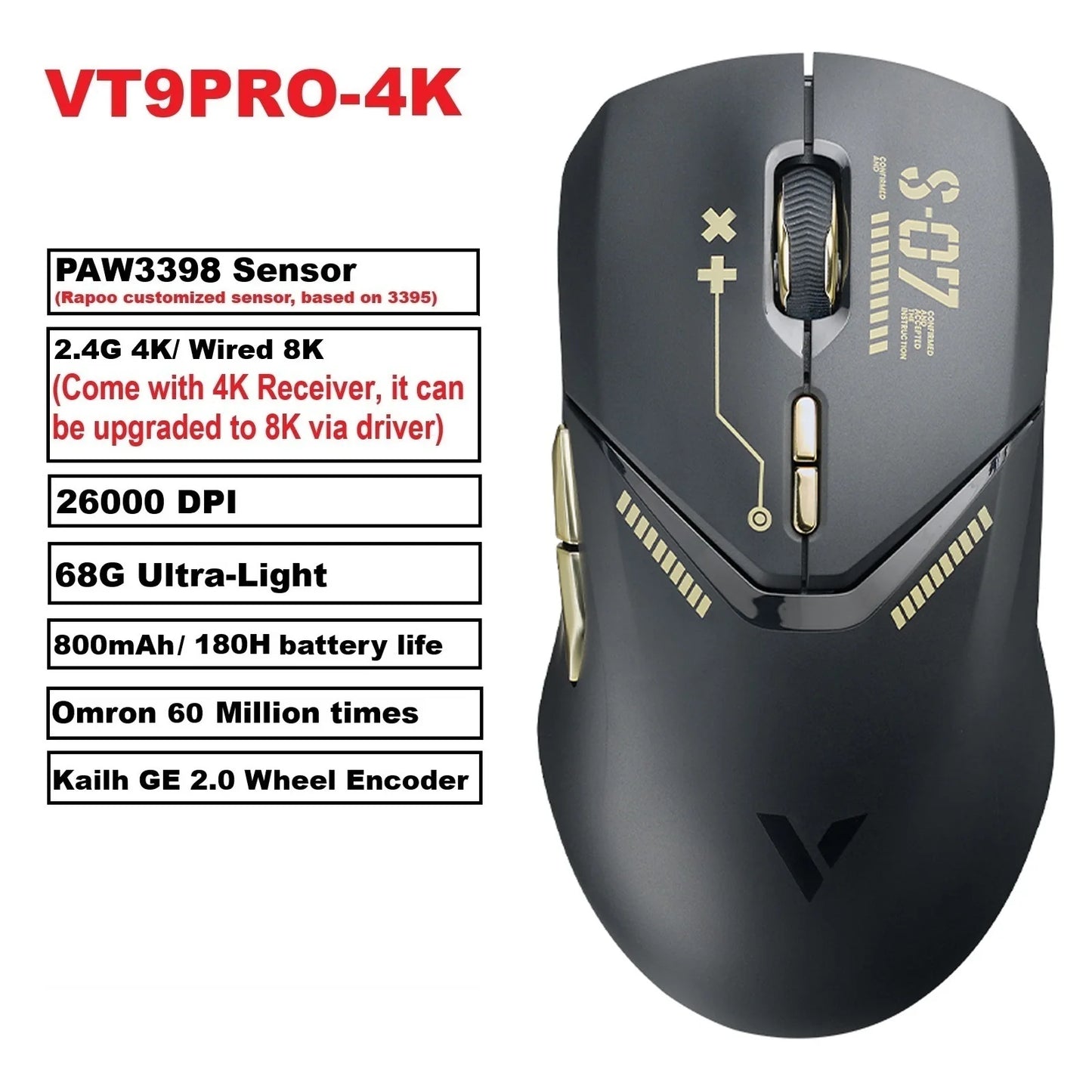 VT9PRO PAW3398 Wireless Gaming Mouse 68G Wired Programmable Ergonomic Mice 26000DPI Type C Rechargeable Pc Gamer Accessory