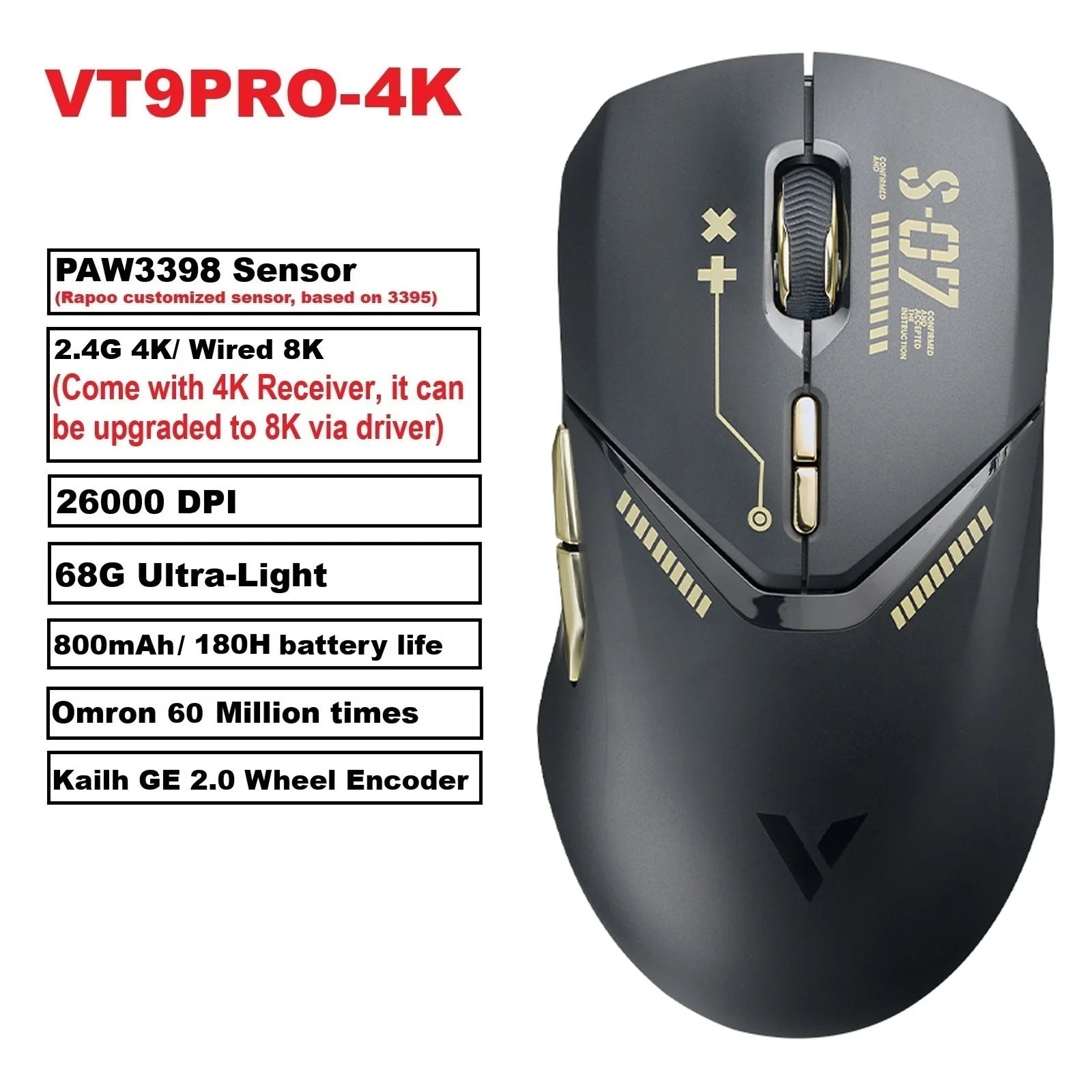 VT9PRO PAW3398 Wireless Gaming Mouse 68G Wired Programmable Ergonomic Mice 26000DPI Type C Rechargeable Pc Gamer Accessory