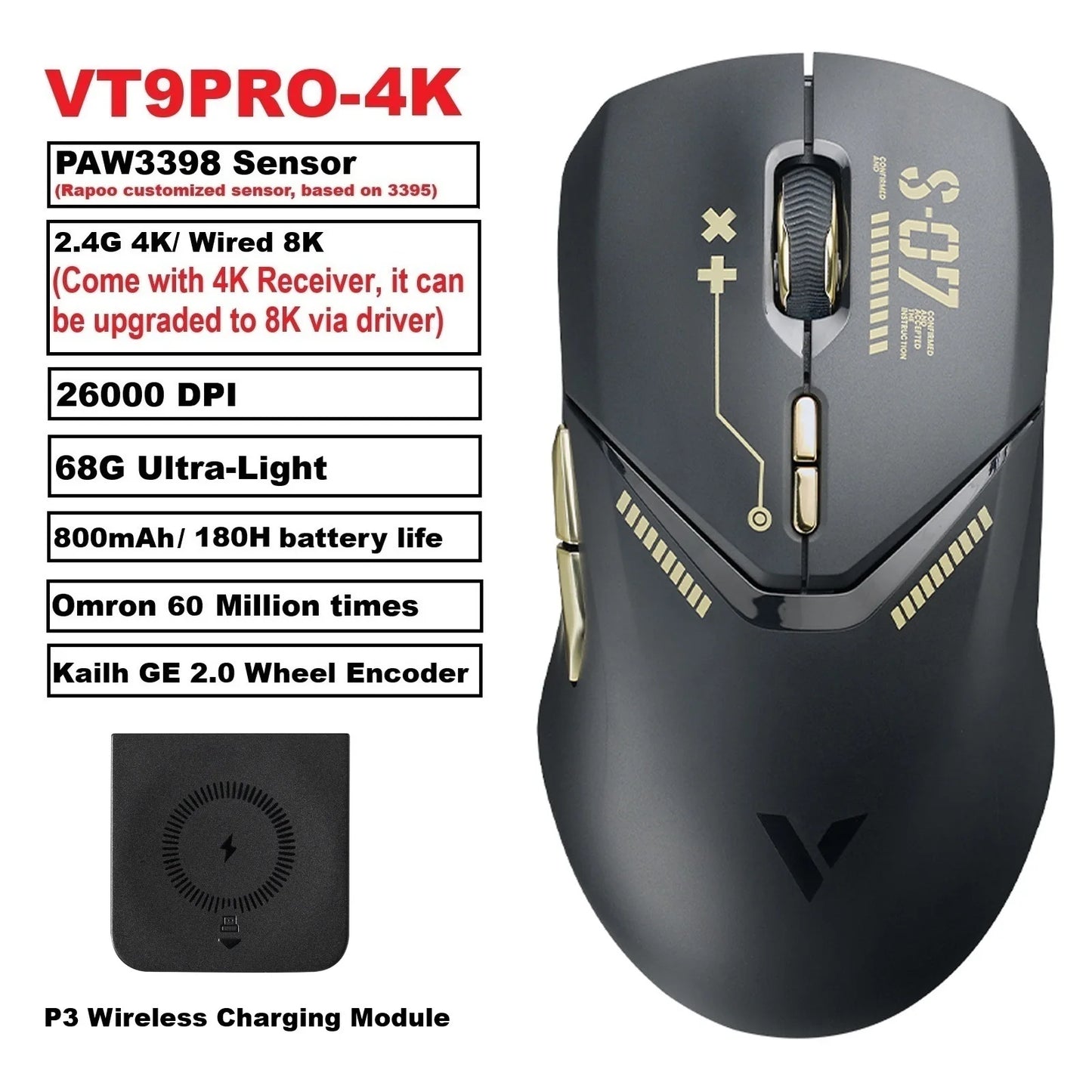 VT9PRO PAW3398 Wireless Gaming Mouse 68G Wired Programmable Ergonomic Mice 26000DPI Type C Rechargeable Pc Gamer Accessory
