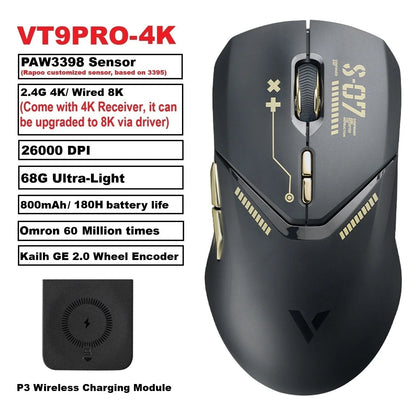 VT9PRO PAW3398 Wireless Gaming Mouse 68G Wired Programmable Ergonomic Mice 26000DPI Type C Rechargeable Pc Gamer Accessory