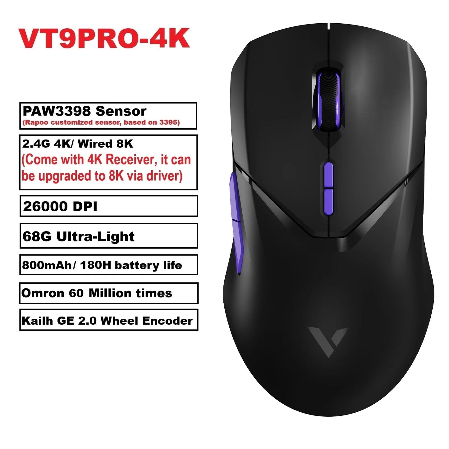 VT9PRO PAW3398 Wireless Gaming Mouse 68G Wired Programmable Ergonomic Mice 26000DPI Type C Rechargeable Pc Gamer Accessory