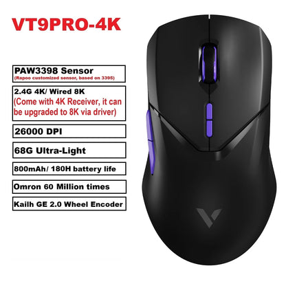 VT9PRO PAW3398 Wireless Gaming Mouse 68G Wired Programmable Ergonomic Mice 26000DPI Type C Rechargeable Pc Gamer Accessory